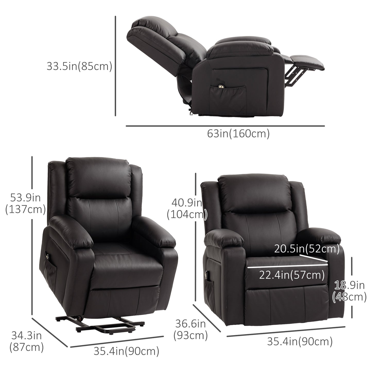 Fauteuil releveur électrique en cuir synthétique avec télécommande, poches latérales, montage rapide, marron