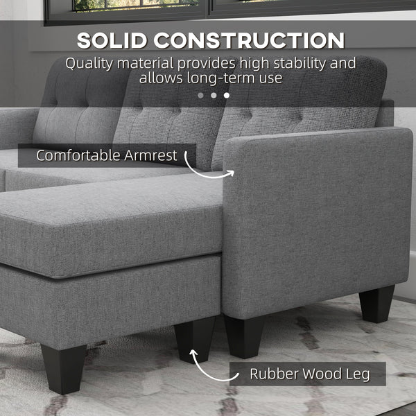 Canapé d'angle 3 places avec pouf, coussin épais et pieds en bois, gris clair