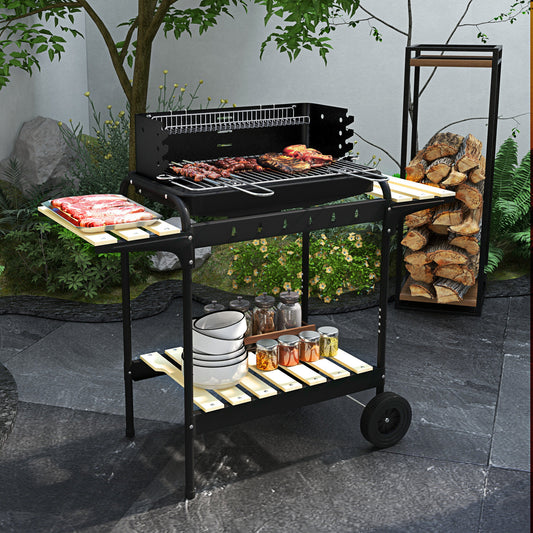 Outsunny Adjustable Height Charcoal BBQ Grill, Portable BBQ Cart with Ash Catcher and Wheels, Black