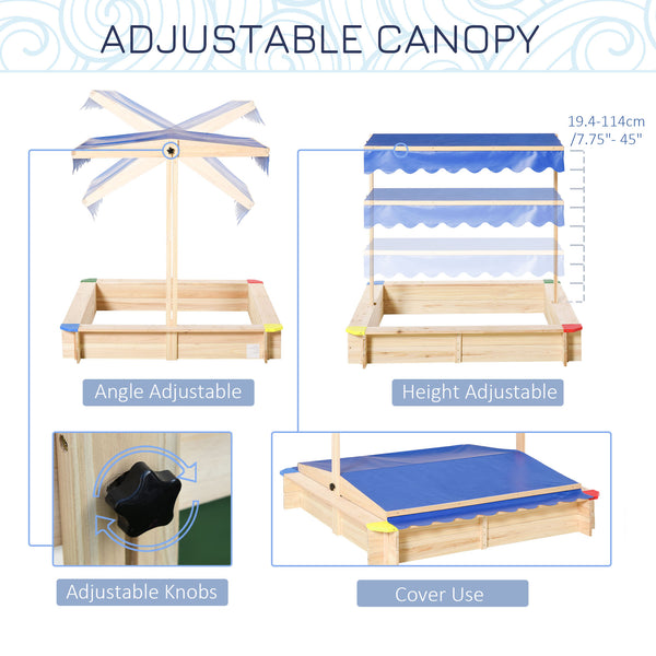 Kids Wooden Sandbox with Cover, Play Sand Station for Children Outdoor Sand box, with Seats, for Backyard, Beach, 47" x 47" x 47", Natural