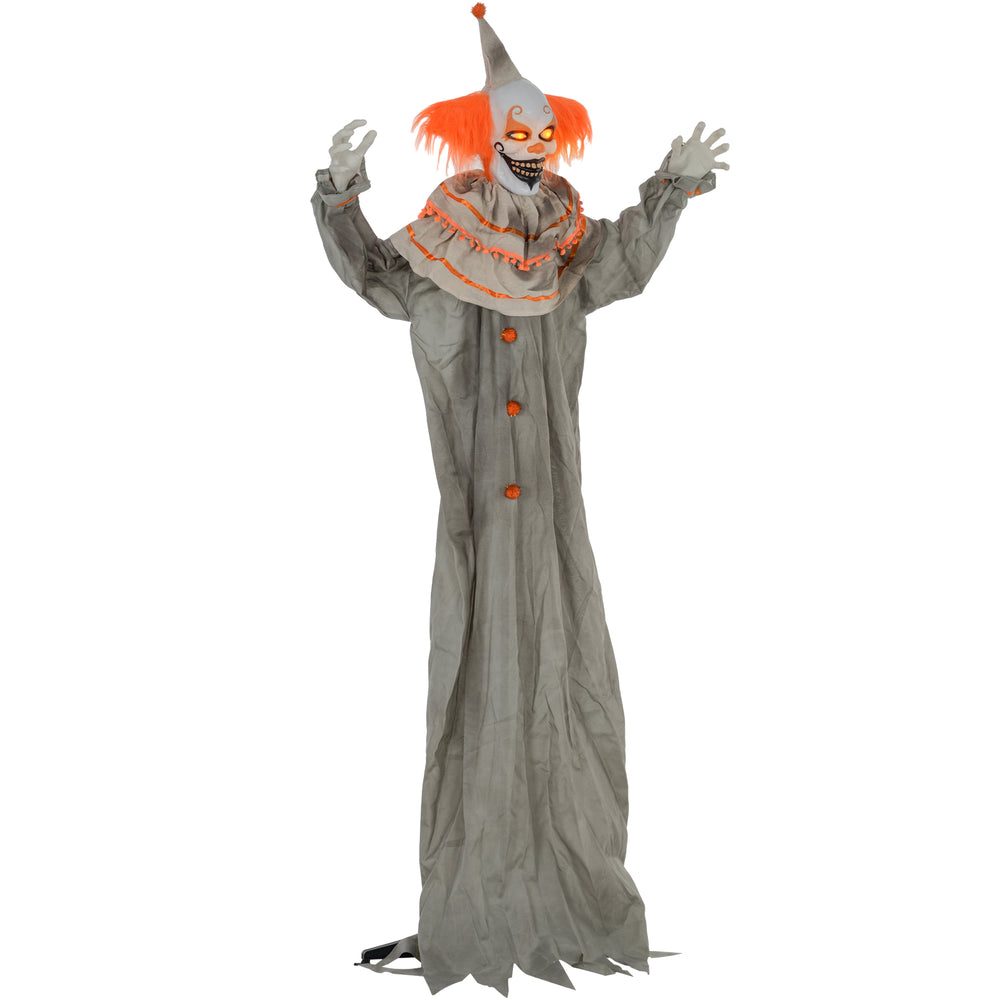 Clown classique orange grandeur nature 1,80 m, décoration d'Halloween d'extérieur, animatronique, activé par le son et le mouvement, avec yeux lumineux