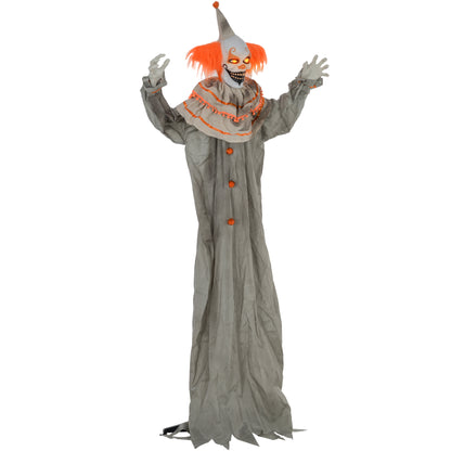 Clown classique orange grandeur nature 1,80 m, décoration d'Halloween d'extérieur, animatronique, activé par le son et le mouvement, avec yeux lumineux