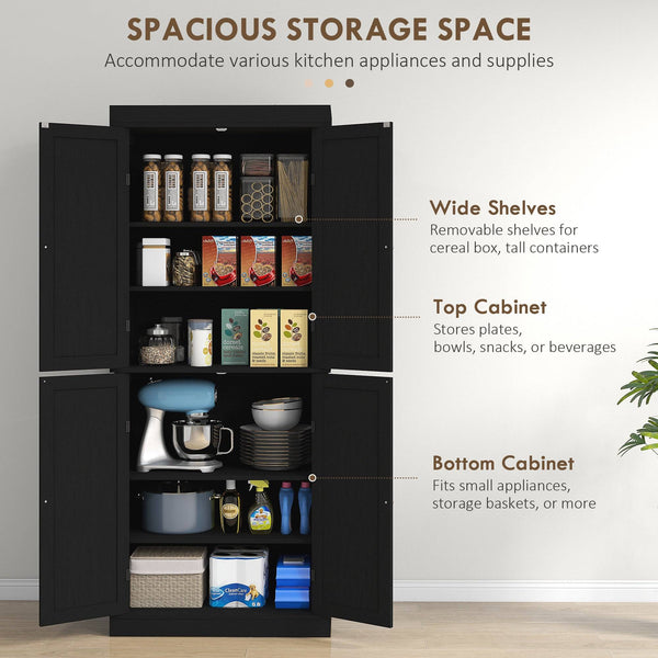 Armoire de cuisine autoportante 72,5 po avec 4 portes, noire