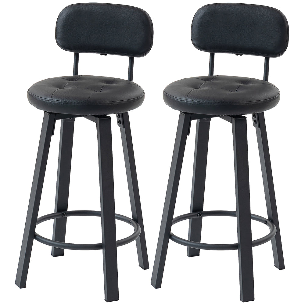 Set of 2 upholstered bar stools with footrest and backrest for kitchen counter, black