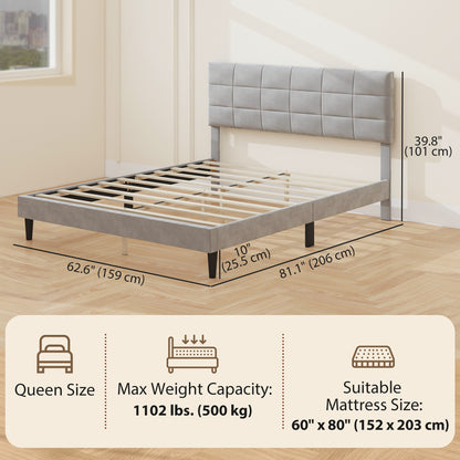 Base de lit Queen Size avec tête de lit rembourrée, gris