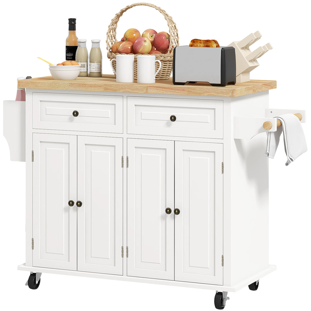 Îlot de cuisine avec rangement, roulante avec plateau en bois d'hévéa, étagère à épices, porte-serviettes, blanc crème