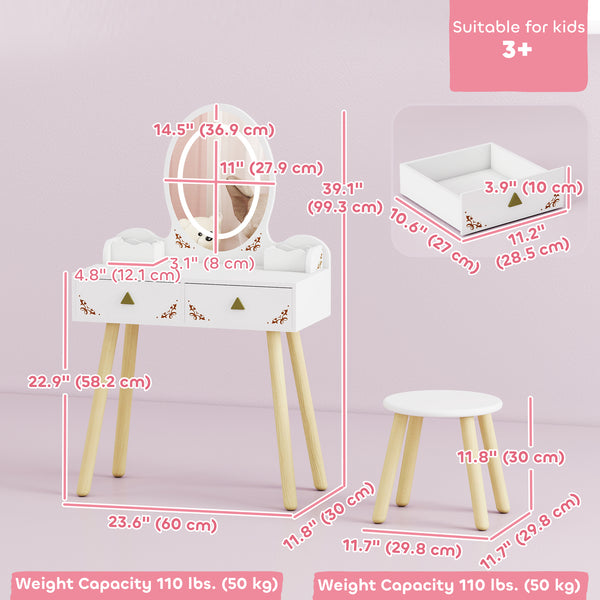Coiffeuse pour enfants avec miroir, tabouret et lumières LED 3 couleurs, blanche
