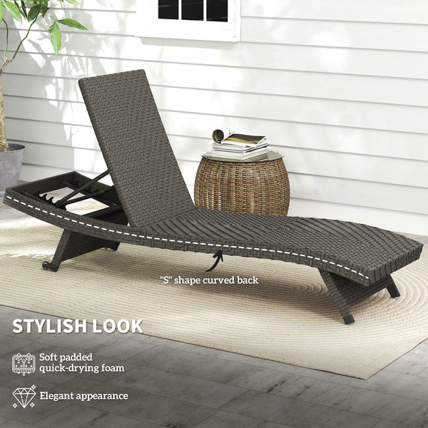 Chaise longue pliante d'extérieur en rotin avec dossier réglable sur 5 niveaux et roulettes, gris mélangé