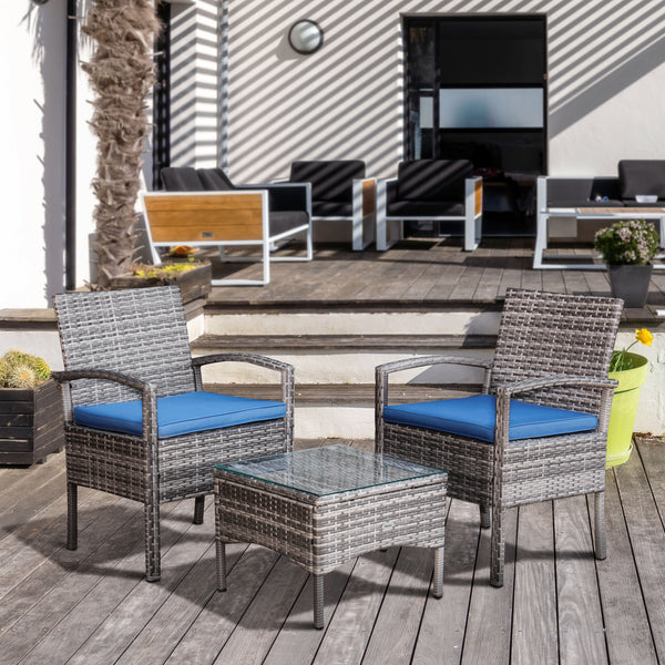 Ensemble de mobilier de jardin 3 pièces en résine tressée, bleu