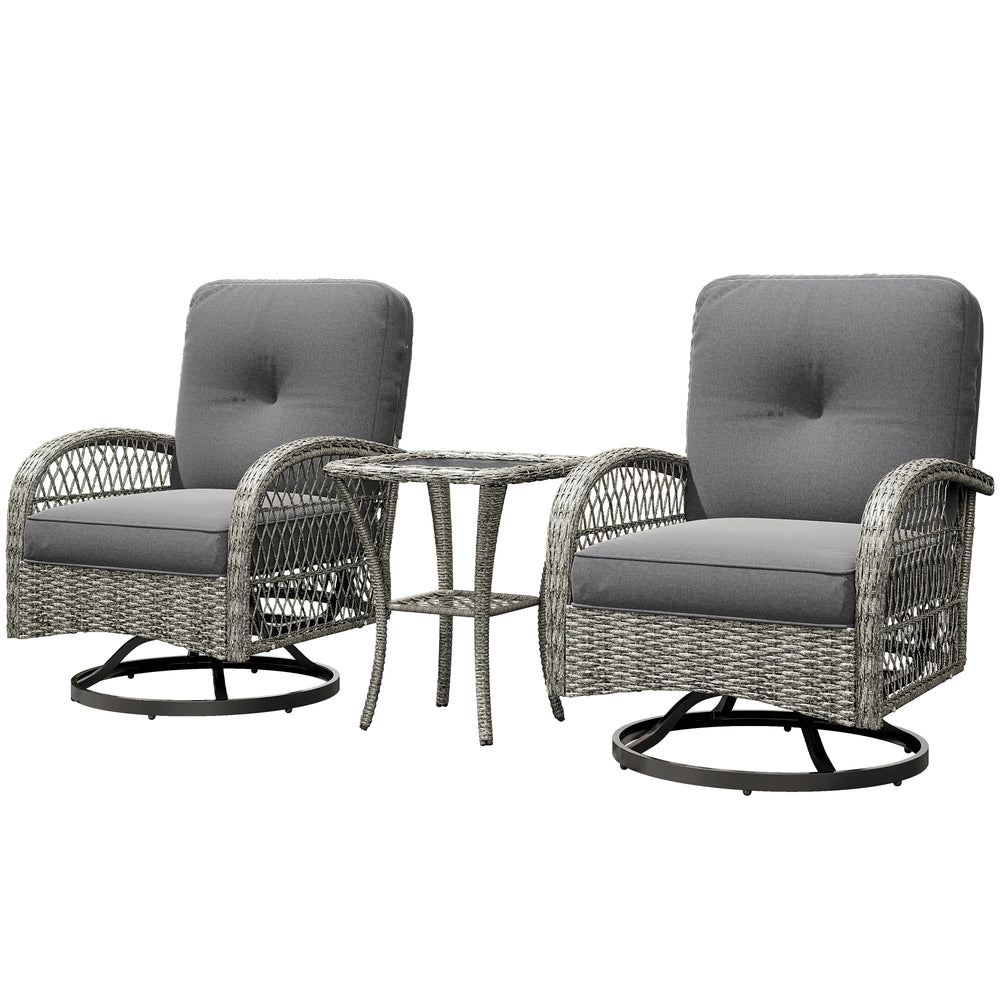 Ensemble de jardin 3 pièces en osier avec 2 fauteuils pivotants à bascule et une table basse en verre à deux niveaux, gris
