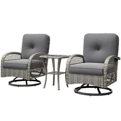 Ensemble de jardin 3 pièces en osier avec 2 fauteuils pivotants à bascule et une table basse en verre à deux niveaux, gris