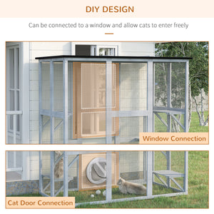 Large outdoor cat enclosure weatherproof with asphalt roof with 6 balanced platforms, 180 x 100 x 180 cm, grey
