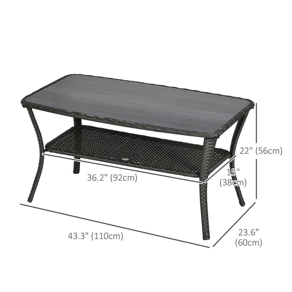 Outdoor Patio PE Rattan Coffee Table with Storage Shelf, Wicker Side Table with Glass Top, Black