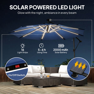 3m cantilever parasol with solar lighting, 360° rotation, tilt, and protective cover, navy blue