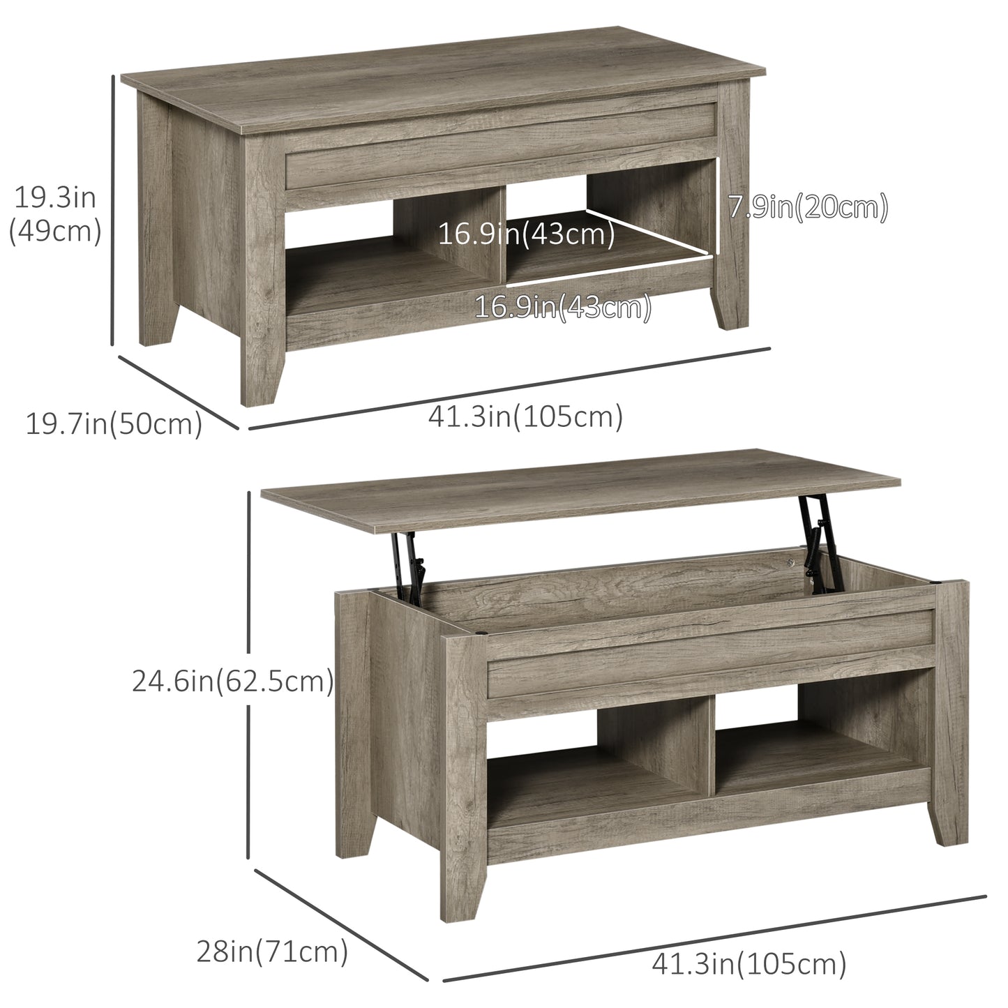 Table centrale relevable pour salon, effet chêne
