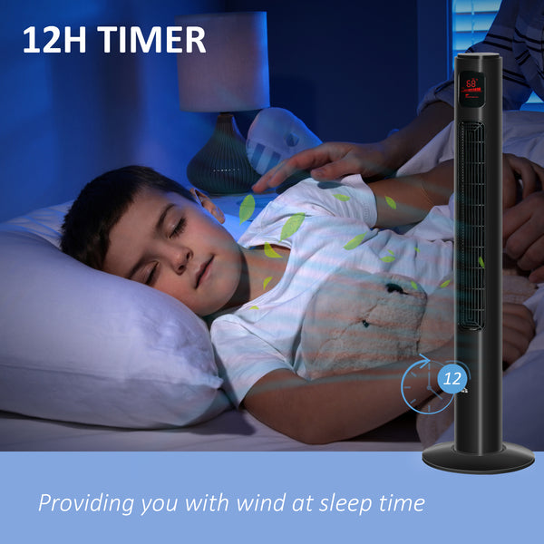 Ventilateur tour autonome avec oscillation, 3 vitesses, minuterie 12 h, panneau de capteur LED, télécommande, noir