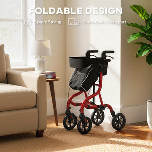 Déambulateur pliable avec siège pour seniors, léger à roulettes avec poignées réglables, rouge