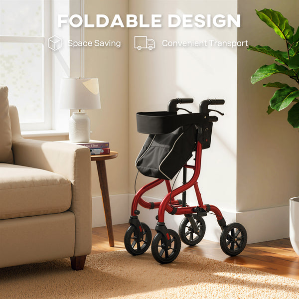 Déambulateur pliable avec siège pour seniors, léger à roulettes avec poignées réglables, rouge