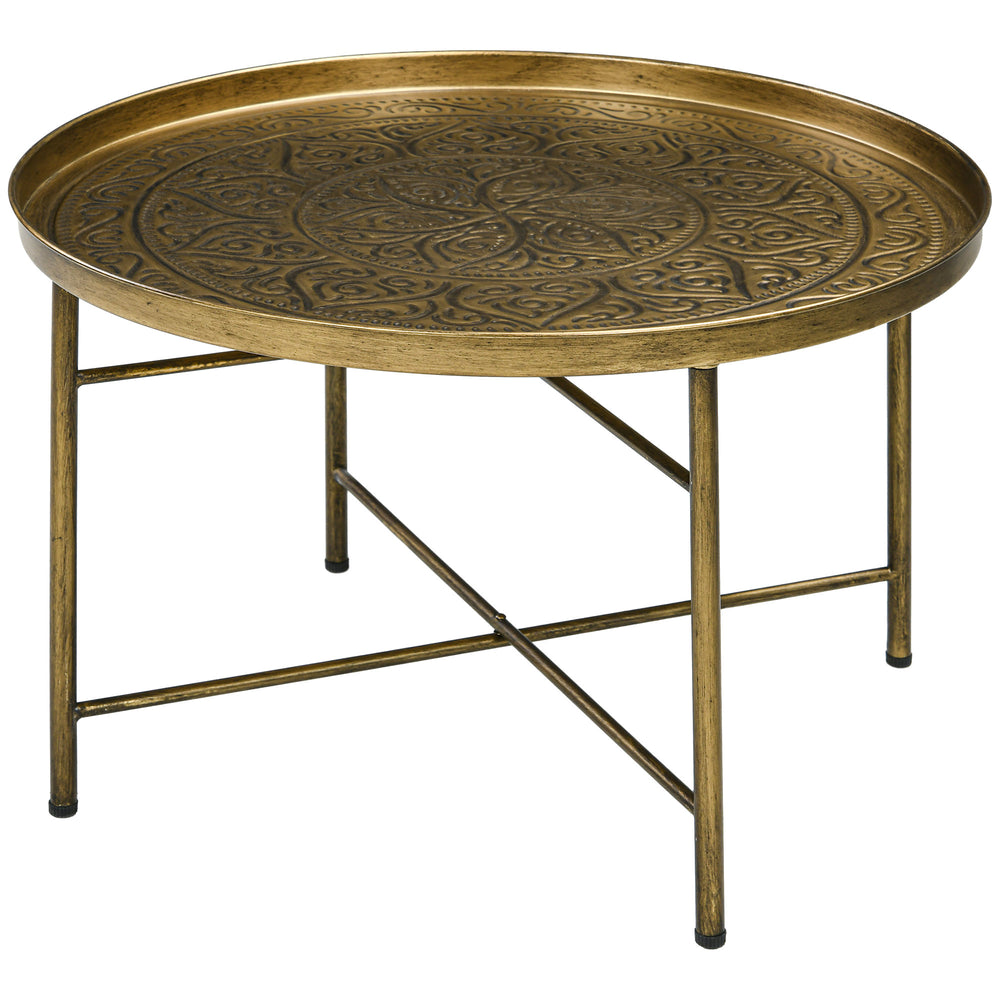 Table basse vintage ronde avec plateau martelé et cadre en métal, dorée