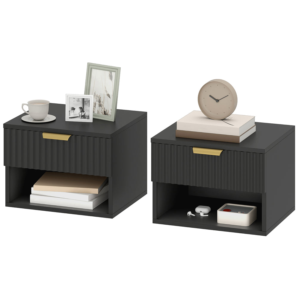 Set of 2 wall-mounted bedside tables with drawer and open shelf, black