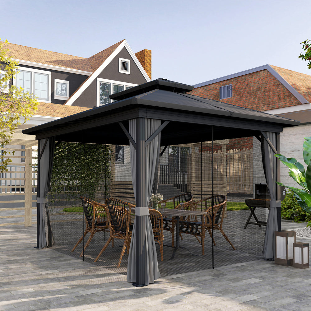 10' x 12' Hardtop Gazebo, Sun Shelter with Double Tier Metal Roof, Mosquito Netting, and Hanging Hook, Light Grey