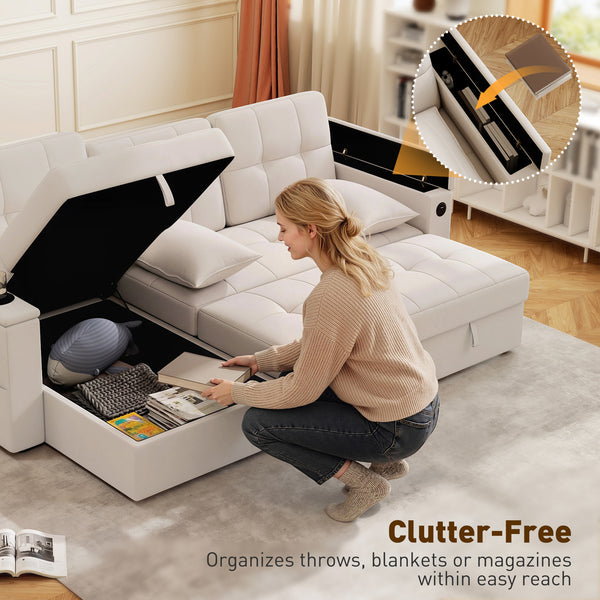Convertible Sectional Sofa Bed, Pull Out Sleeper Sofa Couch with USB‑A+C, Chaise Storage, L-Shaped Futon Couch, Beige