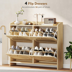 Meuble à chaussures 4 tiroirs rabattables avec portes en rotin et étagères réglables, capacité de 16 paires, couleur naturelle