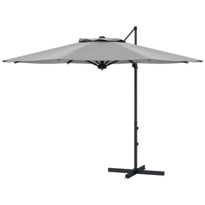 Parasol déporté 3 m, en aluminium, pivotant à 360°, avec manivelle, inclinable et base croisée, gris
