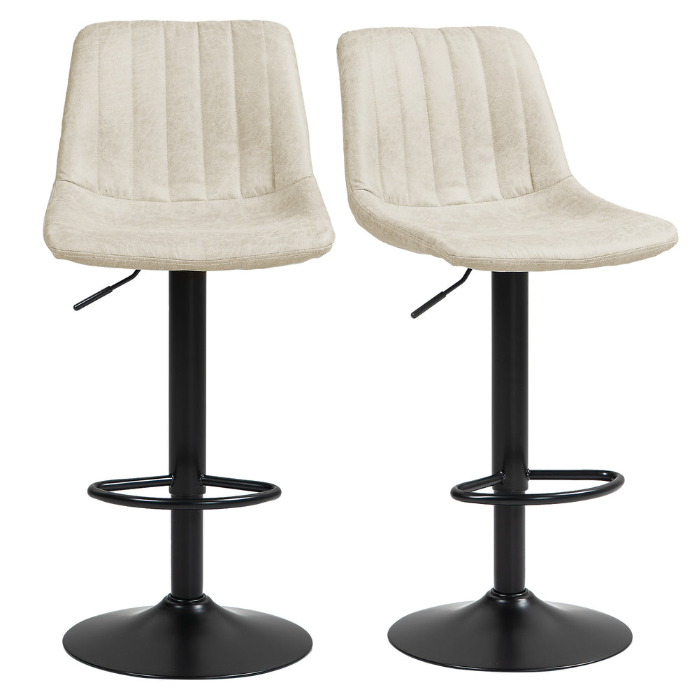 Set of 2 height-adjustable leather bar stools with swivel seats, cream white