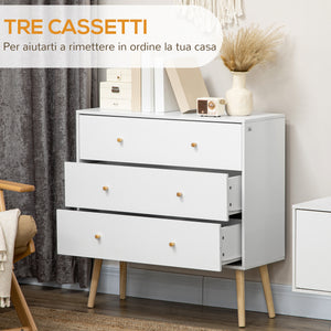 Commode blanche avec 3 tiroirs, commode moderne avec pieds et poignées en bois massif, blanc