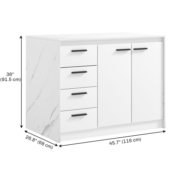 Îlot de cuisine avec meuble de rangement, 4 tiroirs et étagère réglable effet imitation marbre et blanc