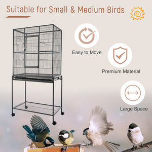 Metal rolling bird cage with removable stand with wheels, black