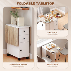 Table pliante mobile sur roulettes avec tiroirs et placard, blanc et chêne