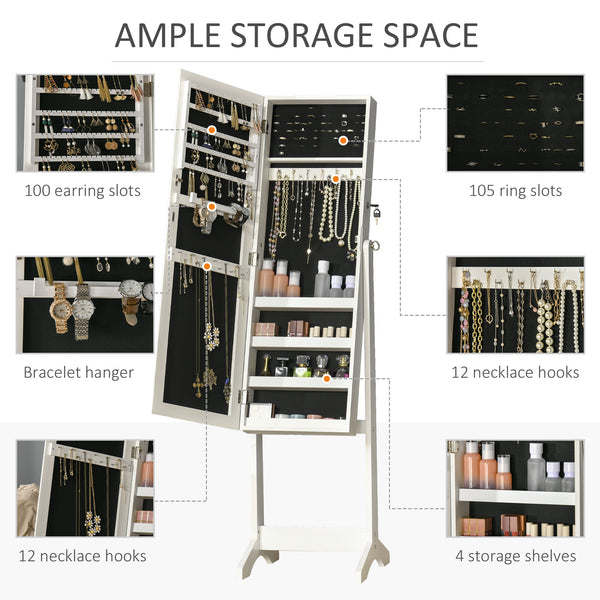 Armoire à bijoux avec miroir verrouillable et 3 angles réglables, blanche