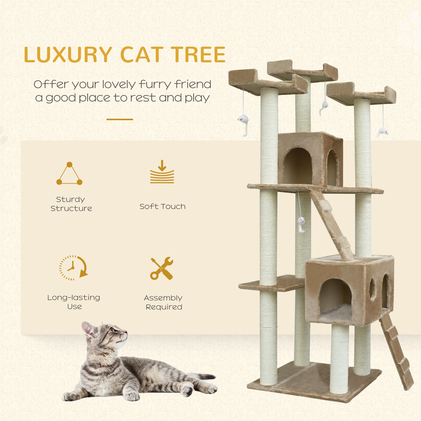 79" Cat Tree with Kitten Scratching Post, Activity Center and Toys, Beige