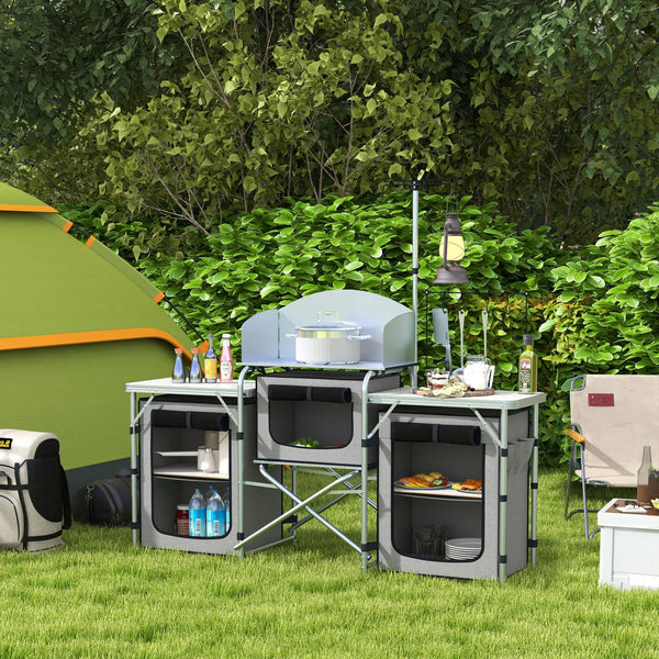Cuisine de camping en aluminium pliante et portable avec placards en tissu, grise