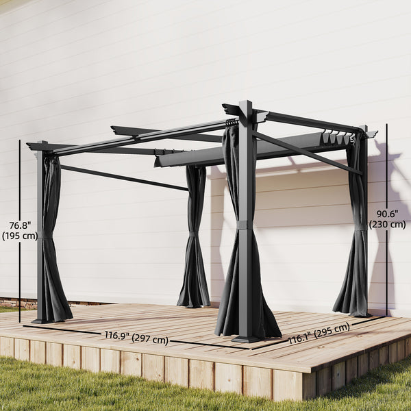 Pergola métallique avec toit coulissant et rétractable, 10 x 10, noire