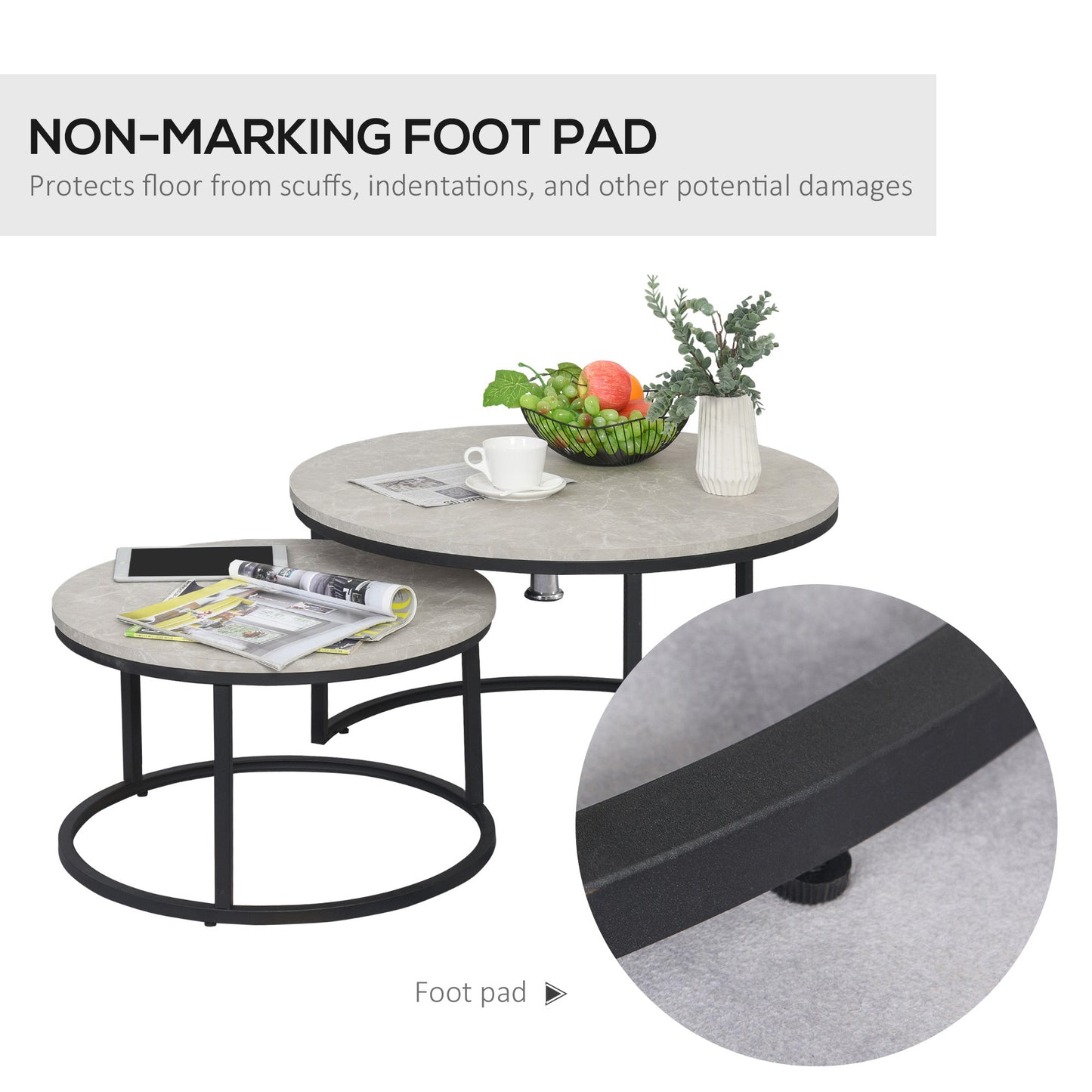 Lot de 2 tables basses modernes avec base en métal pour salon, gris ciment