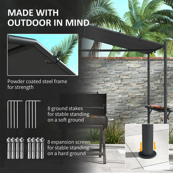 Outsunny 9' x 5' BBQ Grill Gazebo Tent, Garden Grill Canopy Outdoor Grill Shelter w/ Steel Frame and Serving Shelves, Dark Gray |