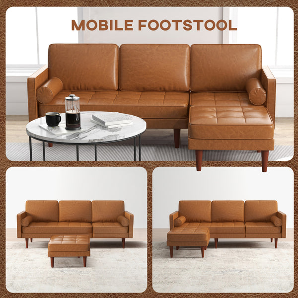 Canapé d'angle sectionnel en similicuir avec repose-pieds et 2 coussins traversins, marron
