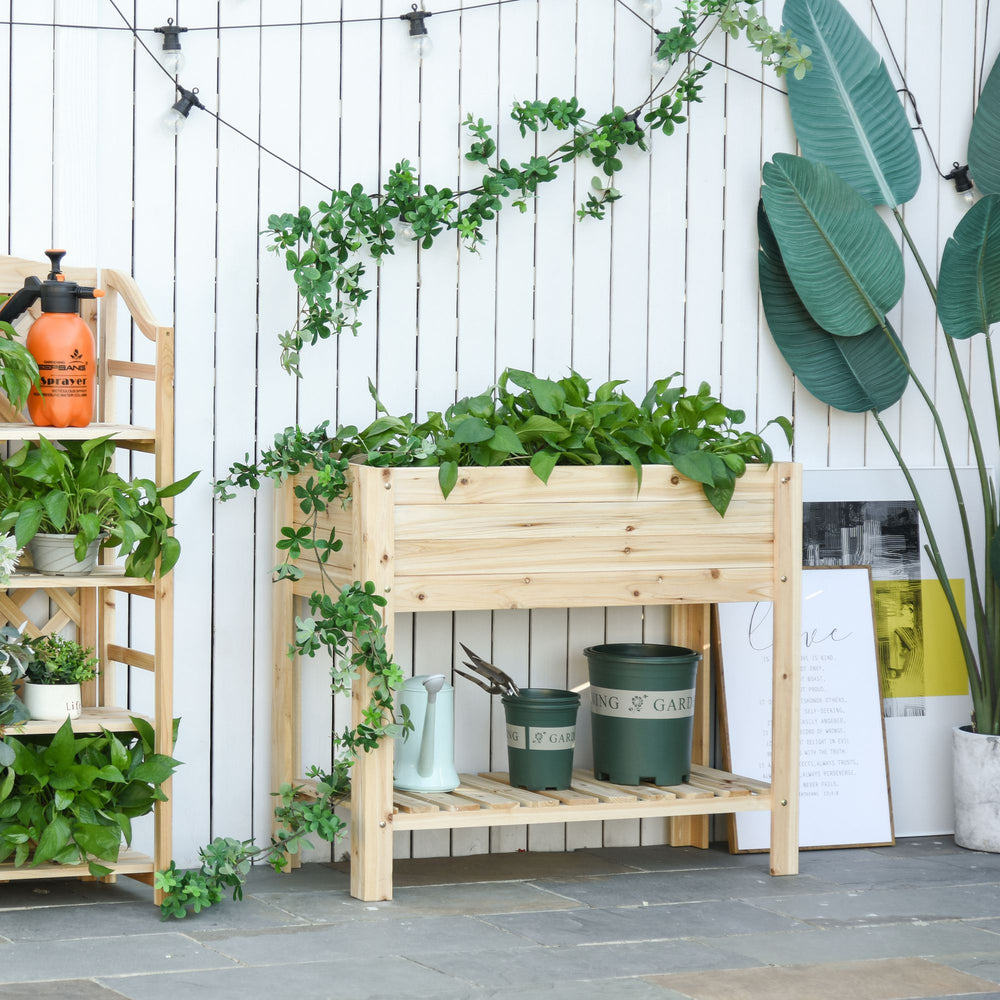 Jardinière surélevée avec étagère de rangement, revêtement de jardin pour terrasse, bois naturel