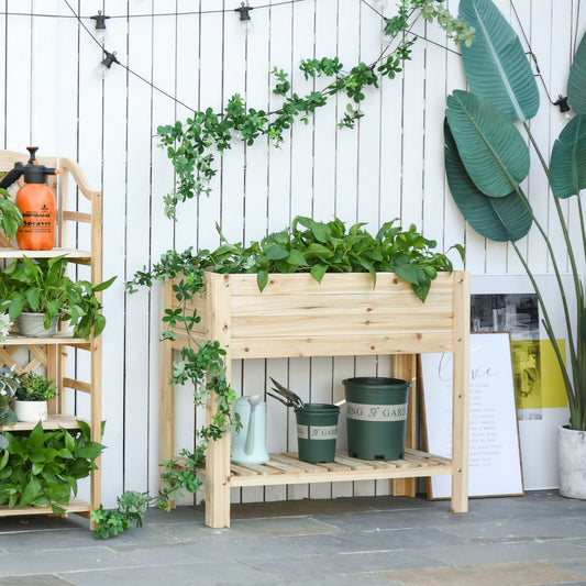 Outsunny Raised Bed with Legs, Raised Planter with Storage Shelf, Garden Deck Covering, Natural Wood