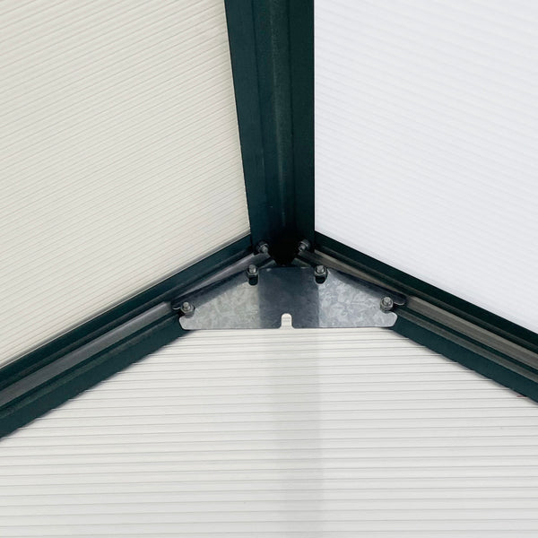 Serre en polycarbonate avec toit ventilé réglable, base galvanisée, porte coulissante et gouttière, verte