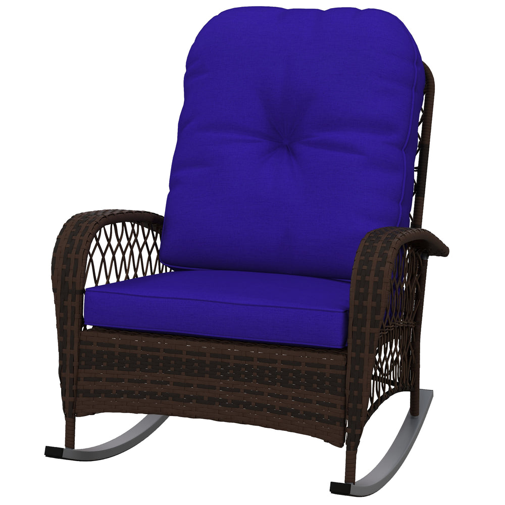 Outdoor Wicker Rattan Rocking Chair Patio Rocker with Thick Cushions for Garden Backyard Porch, Dark Blue
