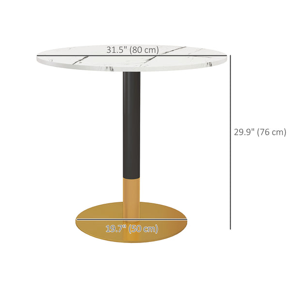 Table de salle à manger ronde avec plateau en imitation marbre, piètement en acier, blanche
