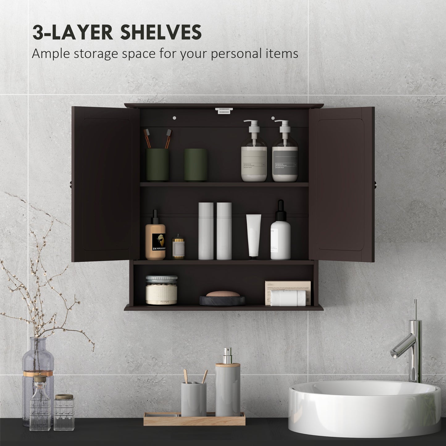 Medicine cabinet with mirror and double doors, dark brown