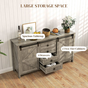 Buffet de style campagnard avec portes coulissantes, tiroirs et étagères réglables, gris clair vieilli