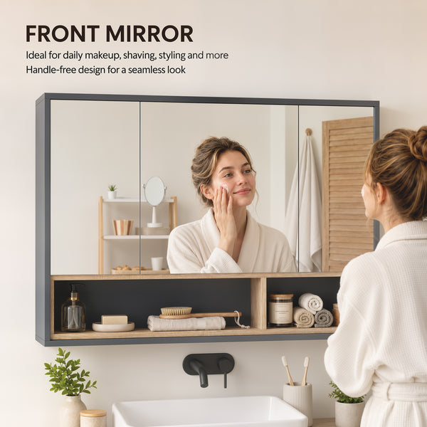 Armoire murale de salle de bain avec miroir et 8 compartiments de rangement, gris