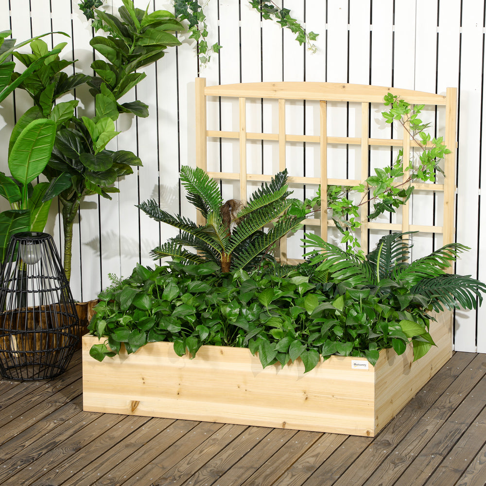 Raised wooden planter with trellis for climbing plants