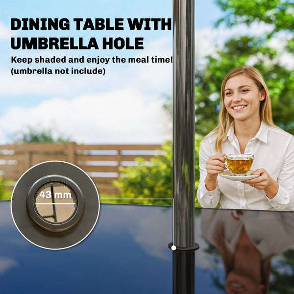 Garden table for 6 people with parasol hole, made of metal with tempered glass top